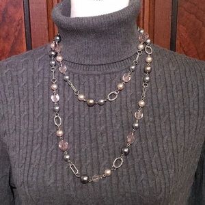 Long Beaded Necklace Grey, Pink, and Silver Tones